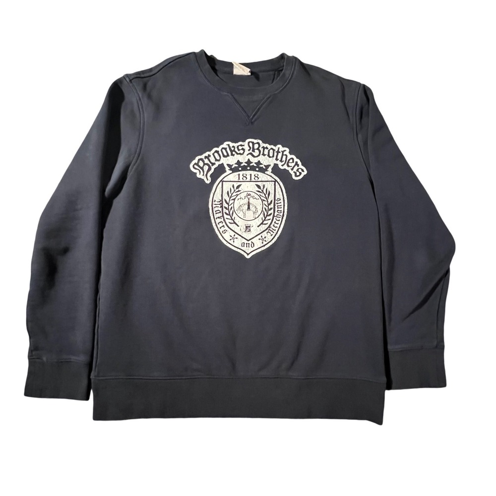 Brooks Brothers Sweatshirt Mens Medium Navy Blue 1818 Crest Graphic Pullover